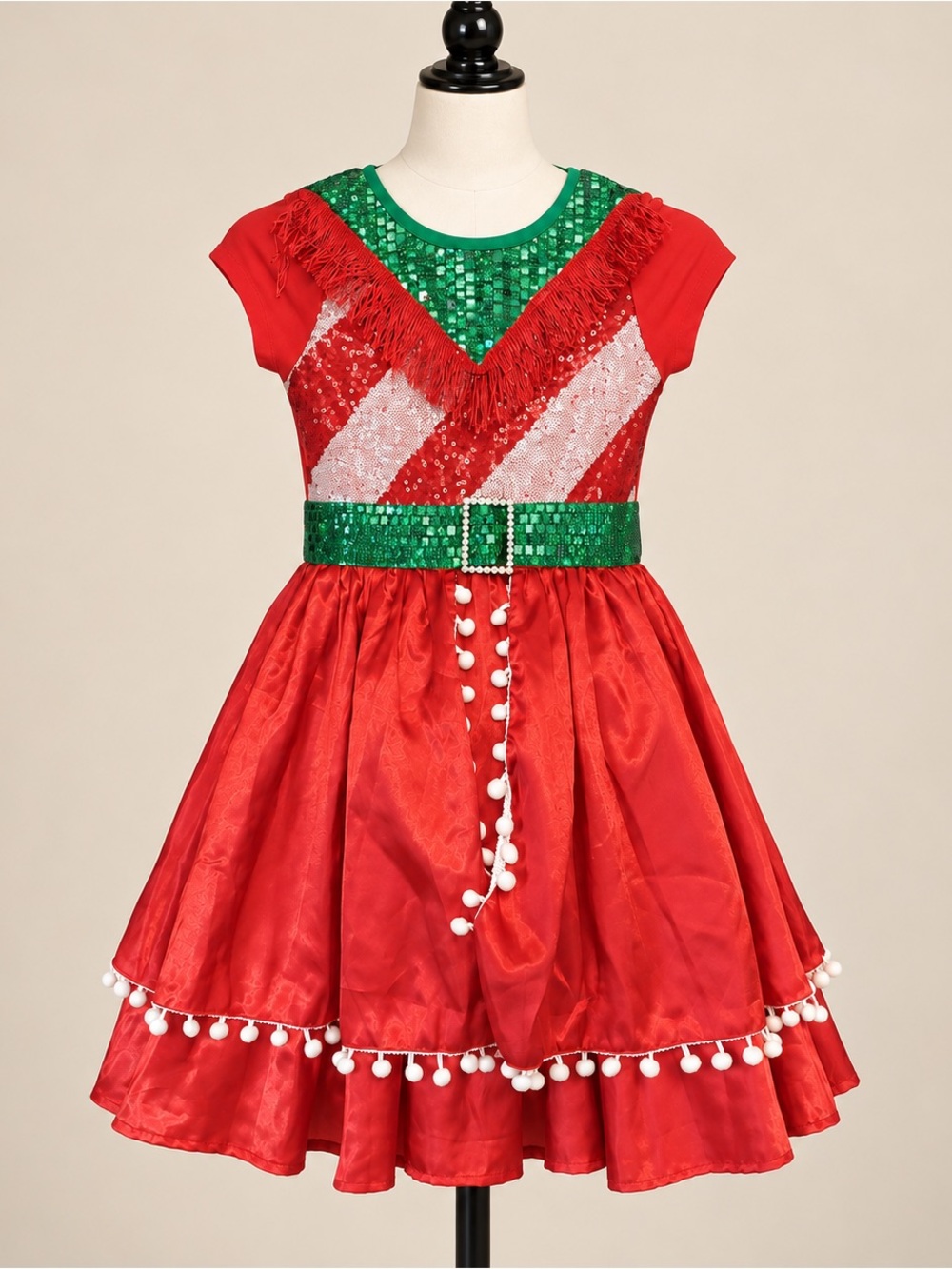 Girls Christmas Elf Dress Sequin Candy Cane Pom Pom Red Green 10/12